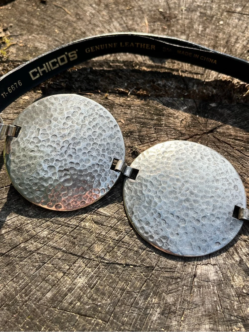 Chico’s Genuine Leather Silver-Toned Medallion Belt Black Boho Festival *Flaw*